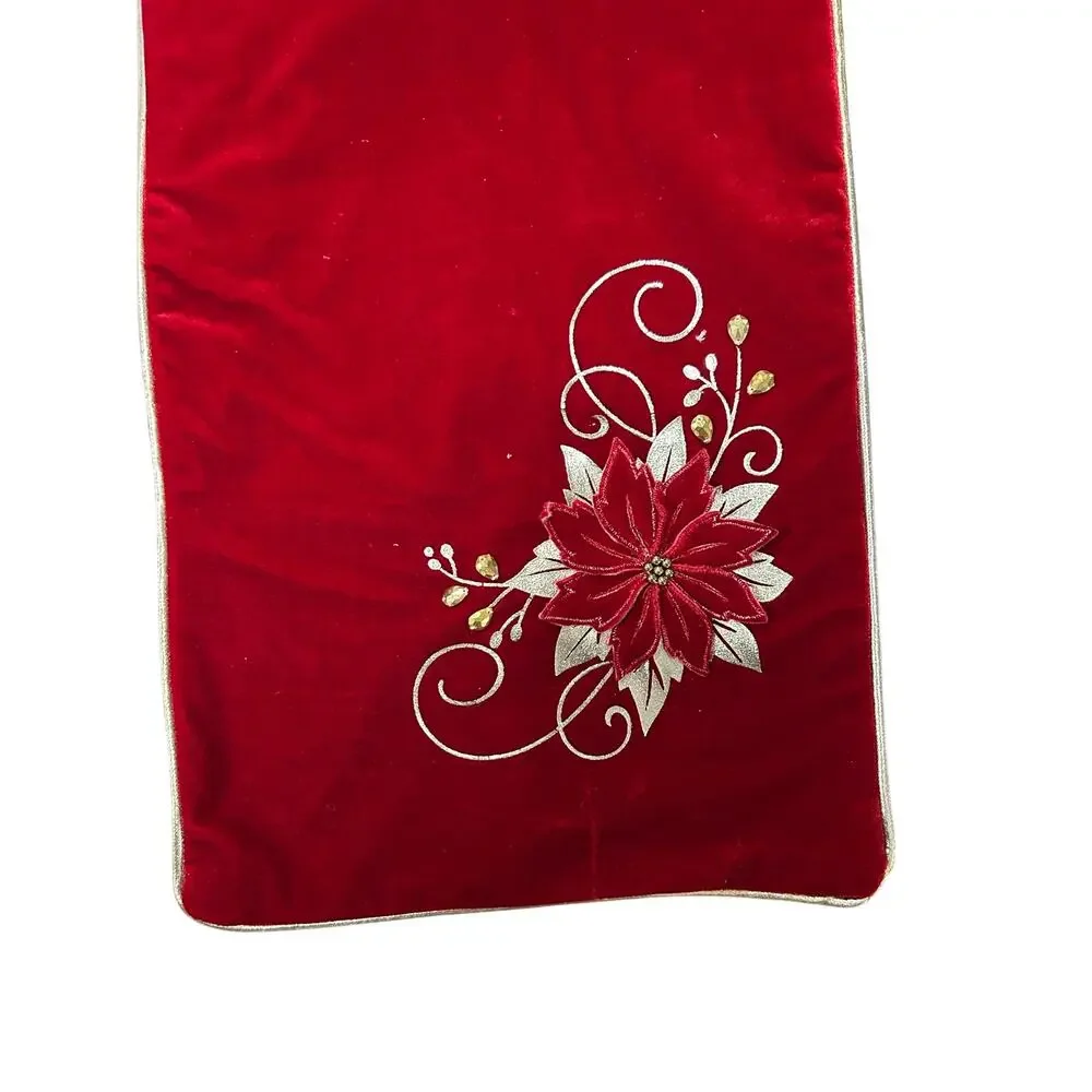 Christmas Red Velvet Table Runner Poinsettia Gold Embroidered Holiday Decor